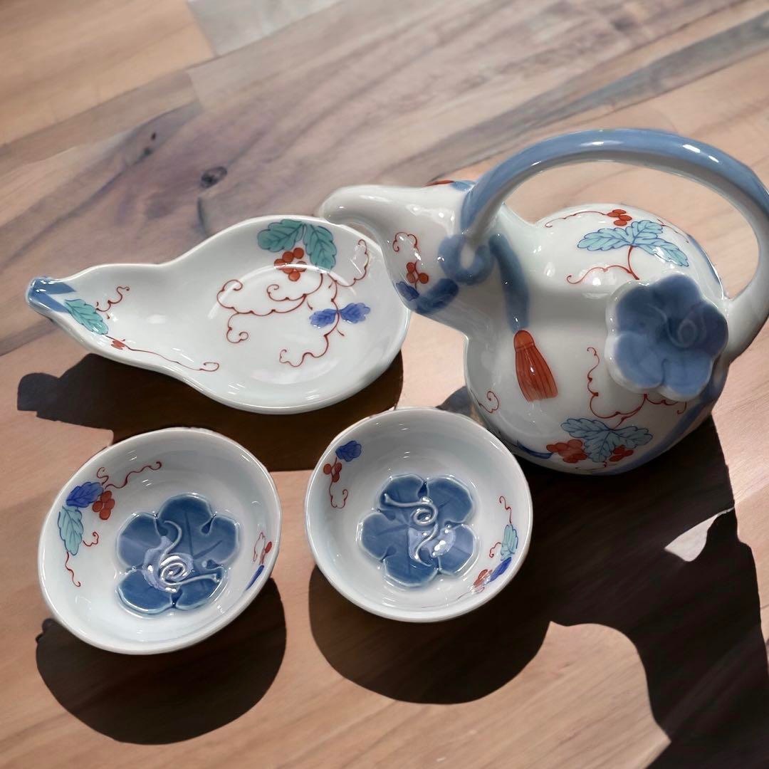 配送料込✨匿名配送✨美品 伊万里焼 小笠原藤右衛門 手付ひさご酒器セット 葡萄柄