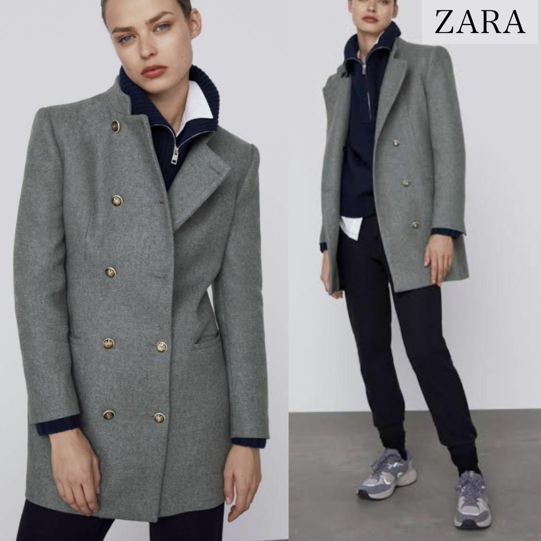 ZARA(ザラ)のZARA ザラ ダブルブレストウールブレンドコート スタンドカラー グレー L レディースのジャケット/アウター(ロングコート)の商品写真