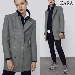 ザラ(ZARA)のZARA ザラ ダブルブレストウールブレンドコート スタンドカラー グレー L(ロングコート)