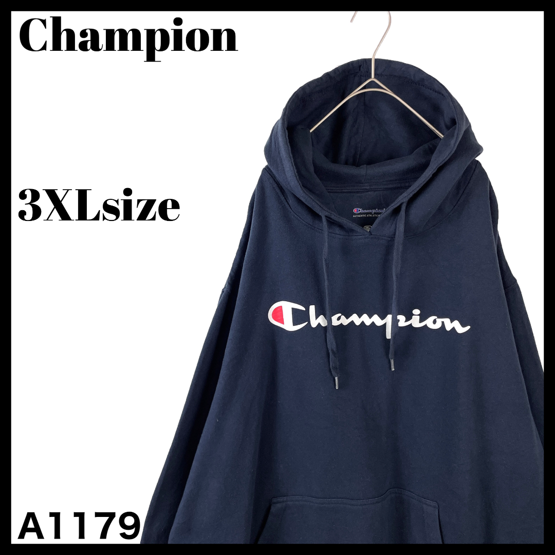 Champion(チャンピオン)のビッグサイズ US/3XL チャンピオン スウェットパーカー デカロゴ ネイビー メンズのトップス(パーカー)の商品写真