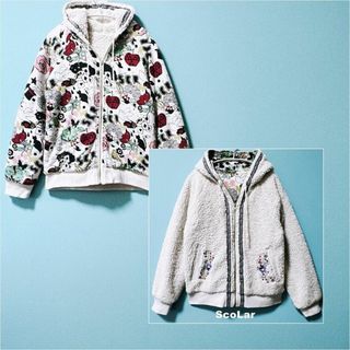 【ScoLar】ボア刺繍柄&アリススカラー総柄 リバーシブル ボアパーカー