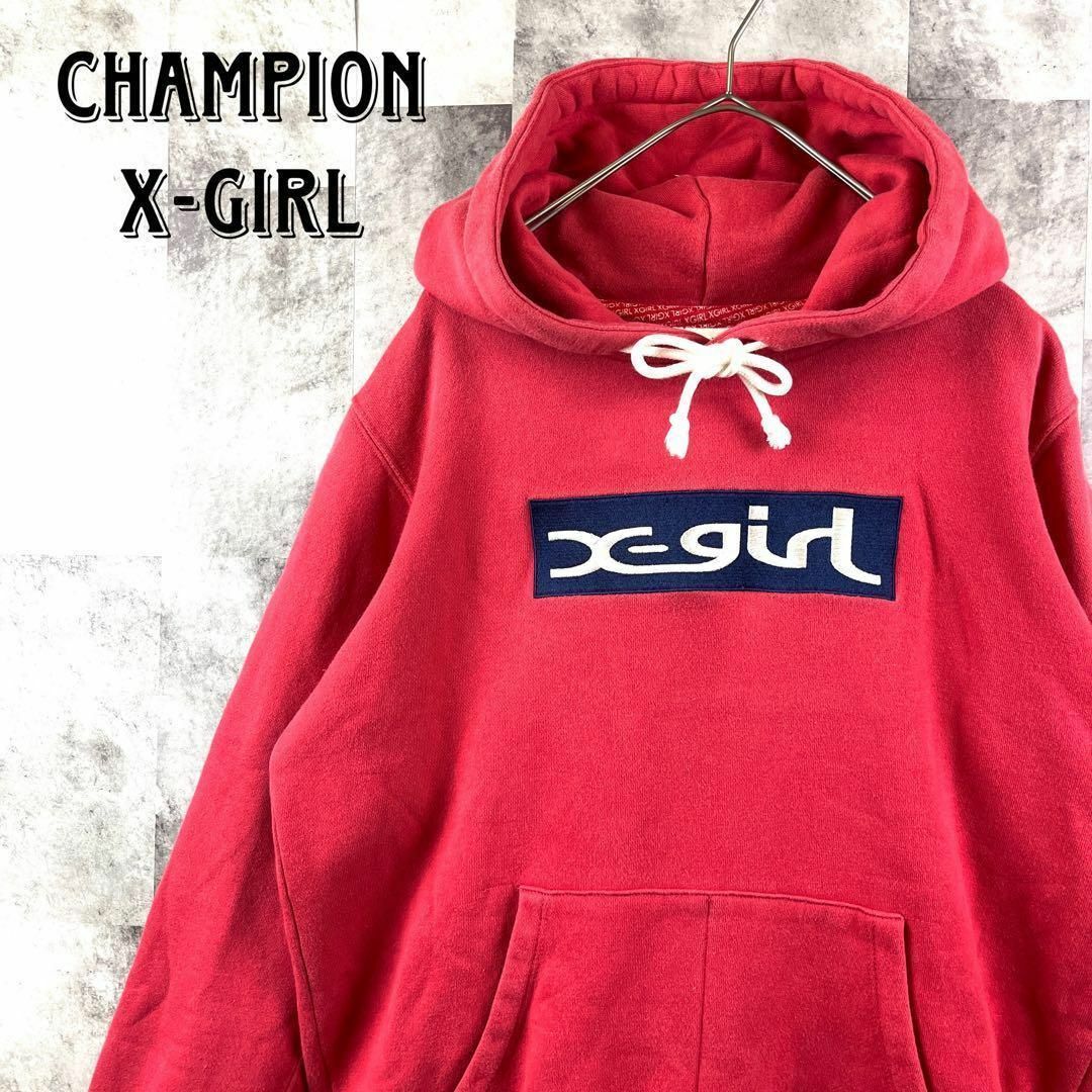 希少コラボ チャンピオン×X-girl プルオーバーパーカー 刺繍ロゴ ピンクMのサムネイル