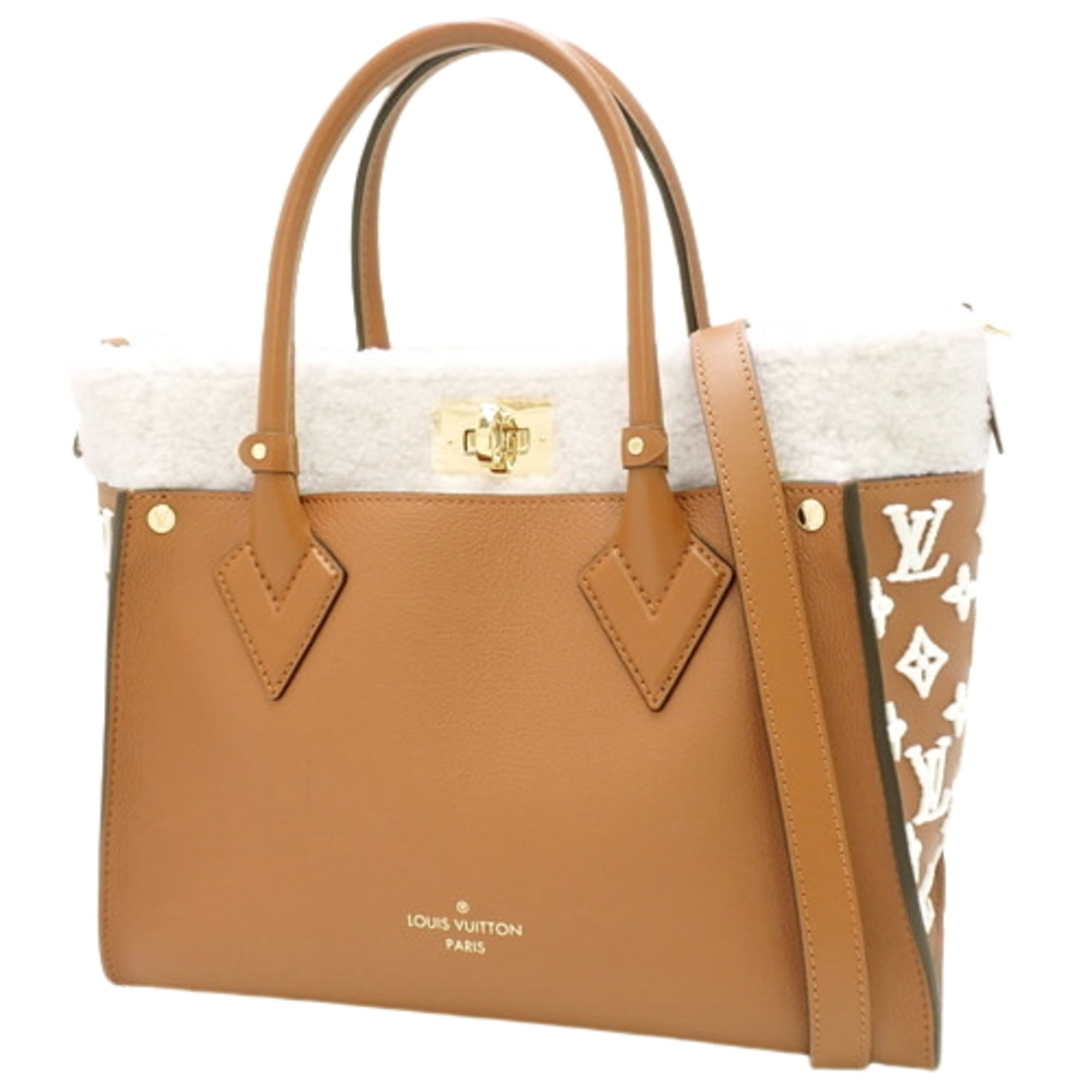 約11cmショルダーLOUIS VUITTON(ルイ・ヴィトン) オンマイサイド MM トートバッグ 2WAY ショルダー 肩掛け グレインカーフレザー シアリング ブラウン茶 オフホワイトアイボリー ゴールド金具 M21004(2023年11月現在現行品) レディース 40802070774【アラモード】