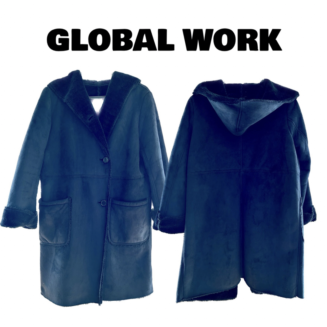 GLOBAL WORK(グローバルワーク)のGLOBAL WORK フード付きコート　スエード調裏パイル　ブラック　M レディースのジャケット/アウター(その他)の商品写真