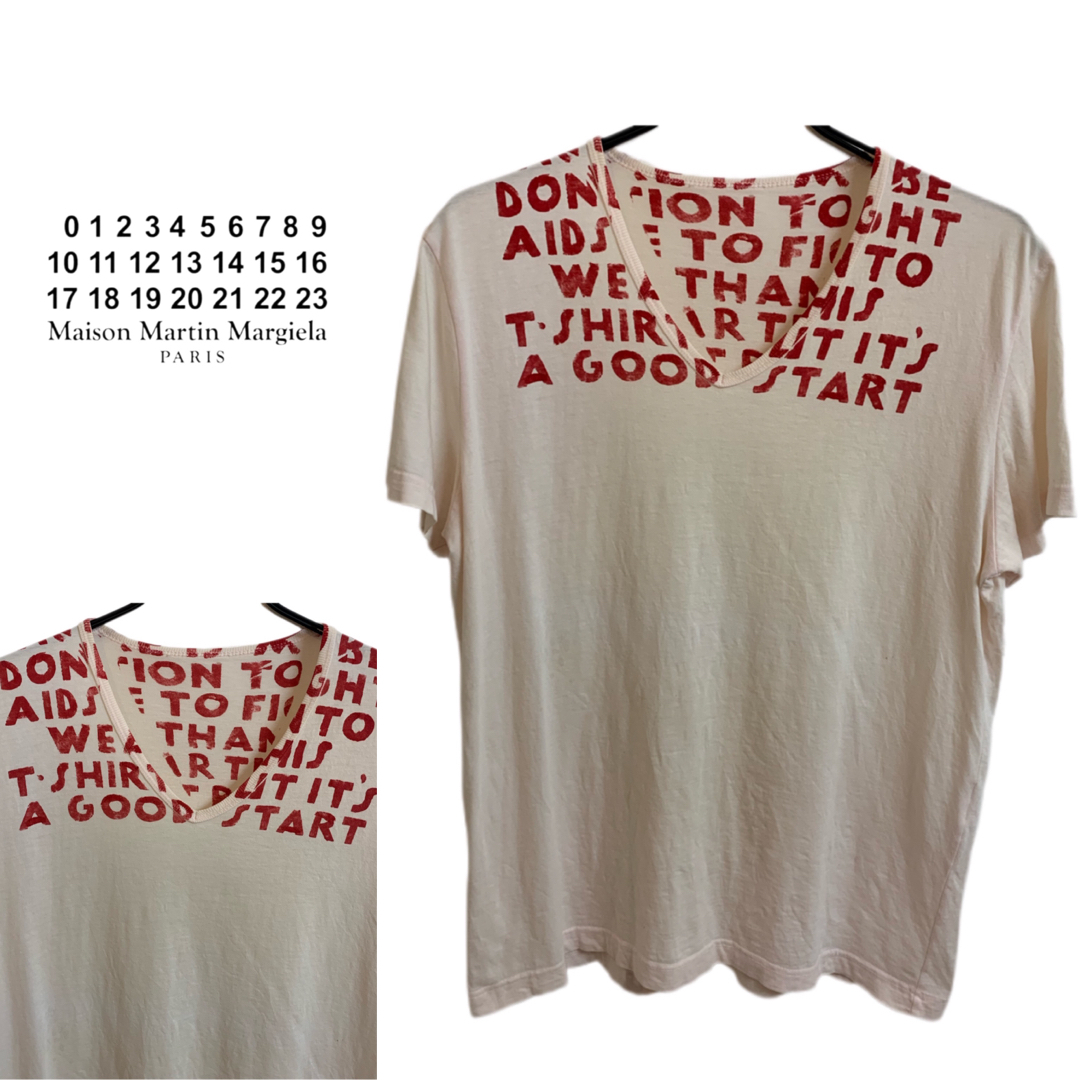 Tシャツ/カットソー(半袖/袖なし)MARTIN MARGIELA 1999SS エイズTシャツ 薄ピンク × 赤