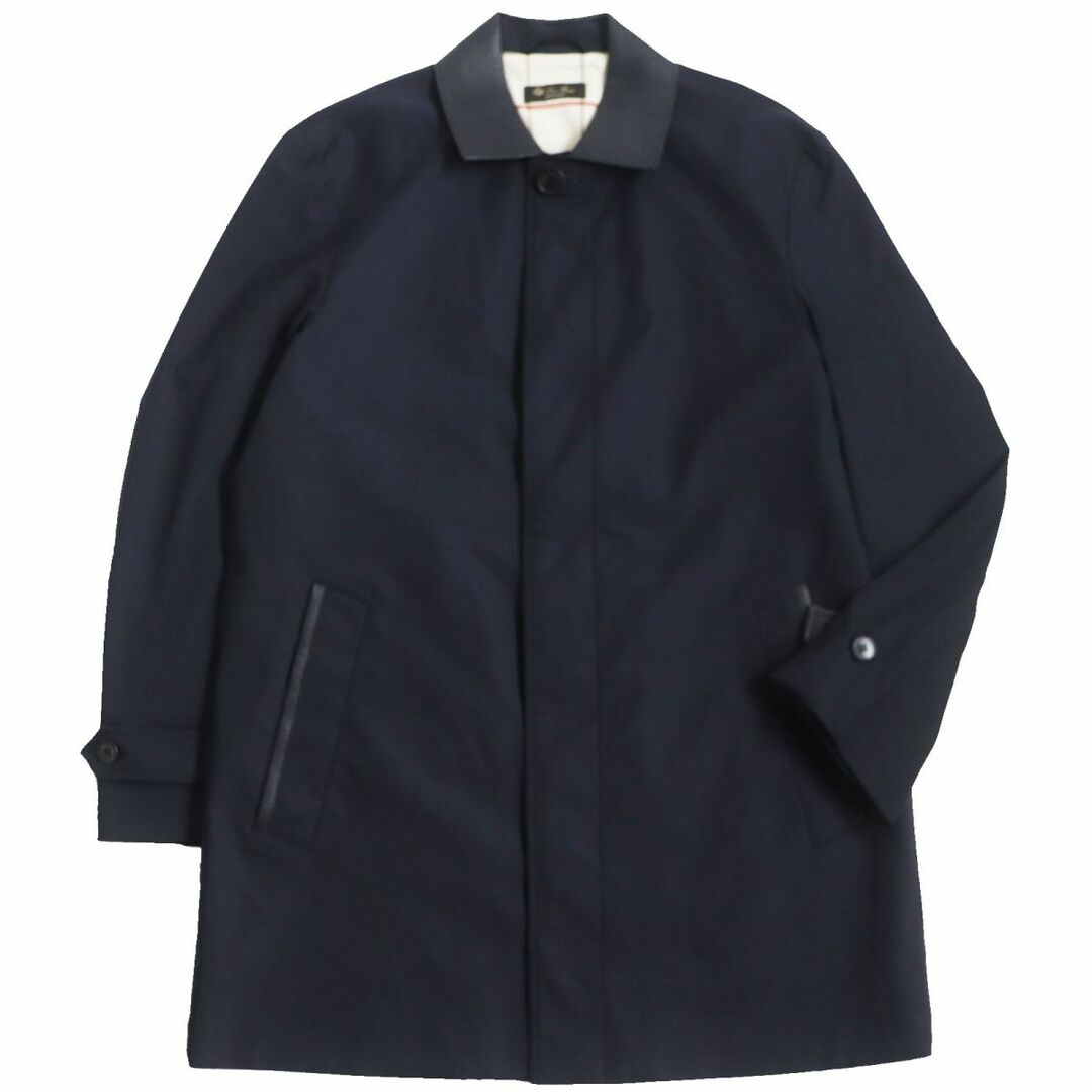 美品●Loro piana ロロピアーナ STORM SYSTEM カシミヤ混 襟シカ革 裏チェック柄 ステンカラーコート ネイビー×ブラック 48 伊製 正規品