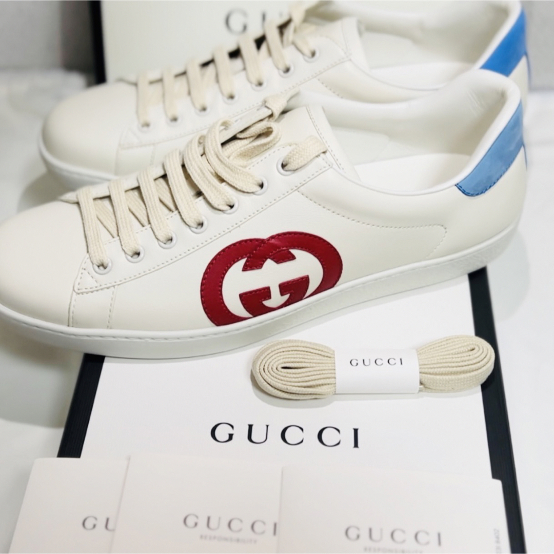 GUCCI ハイビスカスレッド スニーカー ブルー GG レザー 27cm