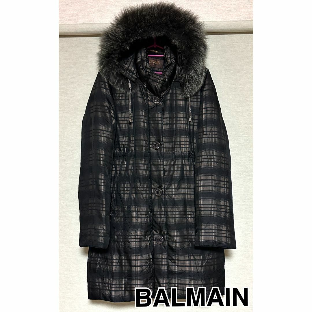 BALMAIN - BALMAIN ☆ 美品 シルク チェック柄 ファー ダウンコートの