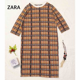 ザラ(ZARA)のZARA 美品 ギンガムチェック 秋 春 ニットワンピース(ロングワンピース/マキシワンピース)