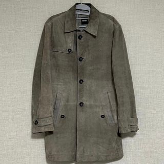 美品◆ヒューゴボス WATER REPELLENT 撥水加工 ソフトシェル 比翼 WZIP 中綿入りコート/ステンカラーコート グレー 44 正規品 メンズ