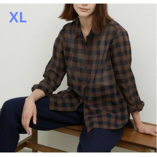 ユニクロ(UNIQLO)のUNIQLO イネス コットンシアーチェックシャツ ブラウン XL レディース(シャツ/ブラウス(長袖/七分))