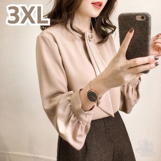 3XL ボウタイ ブラウス オフィスカジュアル フォーマル ベージュ リボン(シャツ/ブラウス(長袖/七分))