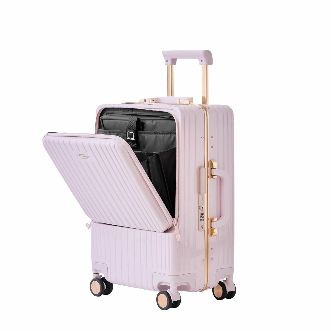 【色: ピンク】RIOUスーツケース フロントオープン 機内持込 アルミフレーム543624cm重量