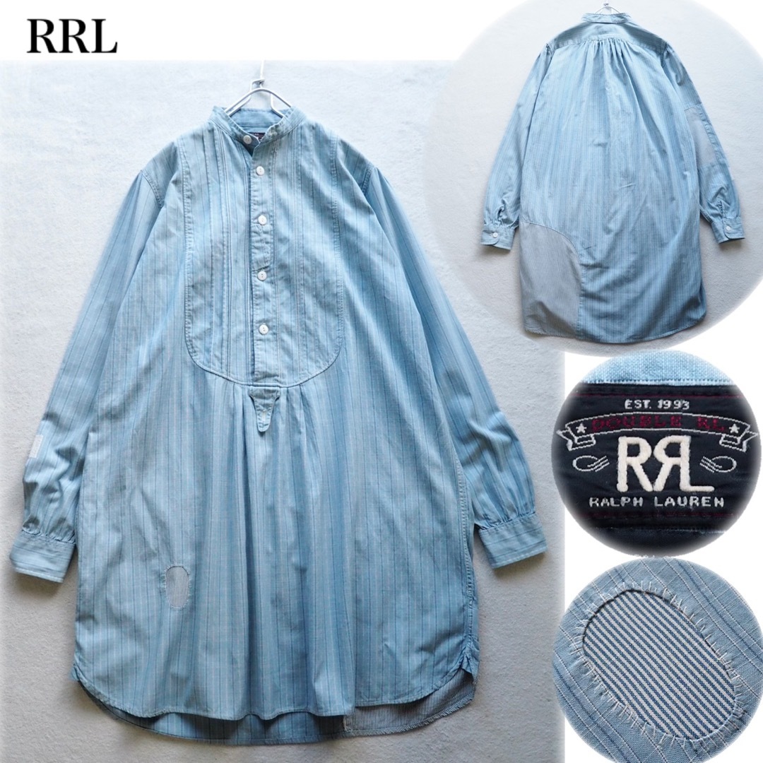 RRL(ダブルアールエル)のRRL バンドカラー ストライプ シャツワンピース チュニック 長袖 ブルー系 レディースのトップス(シャツ/ブラウス(長袖/七分))の商品写真