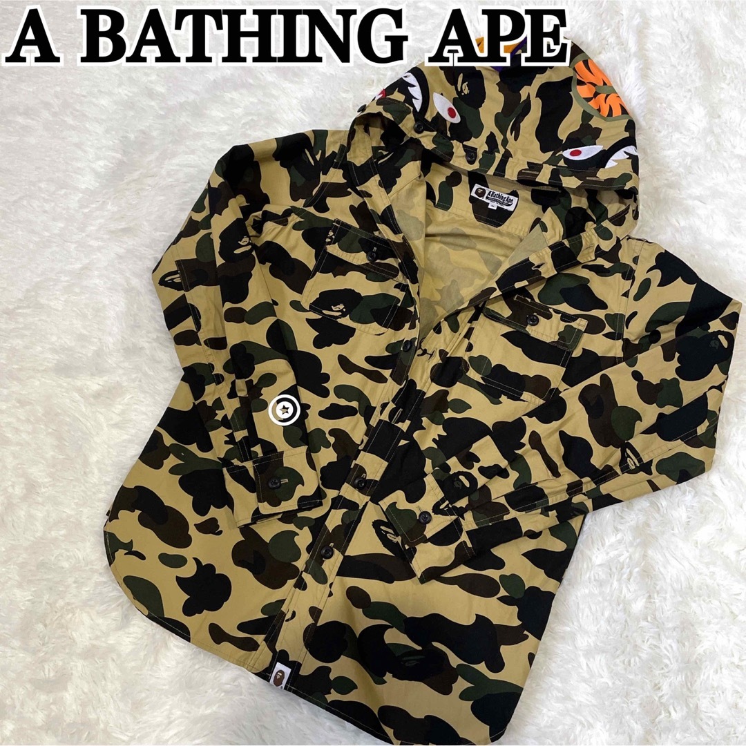 メンズ未使用級 A BATHING APE シャーク シャツ カモフラ フード付