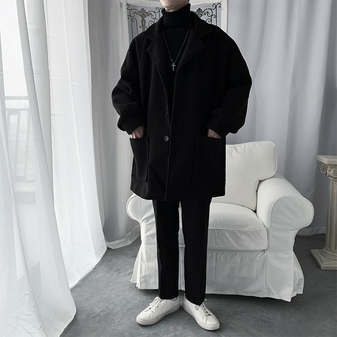 ビッグシルエット チェスターコート ロングコート アウター 冬服 メンズ 韓国 メンズのジャケット/アウター(チェスターコート)の商品写真