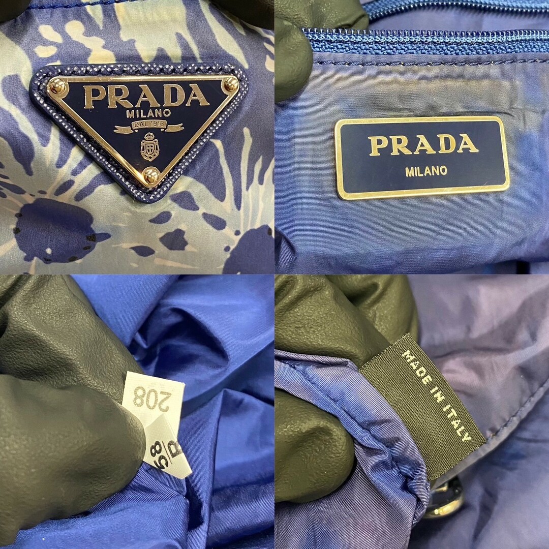 PRADA(プラダ)の美品 PRADA プラダ 希少品 三角ロゴ 金具 花柄 総柄 ナイロン トートバッグ ハンドバッグ エコバッグ A4収納可能 ブルー ホワイト 21884 レディースのバッグ(トートバッグ)の商品写真