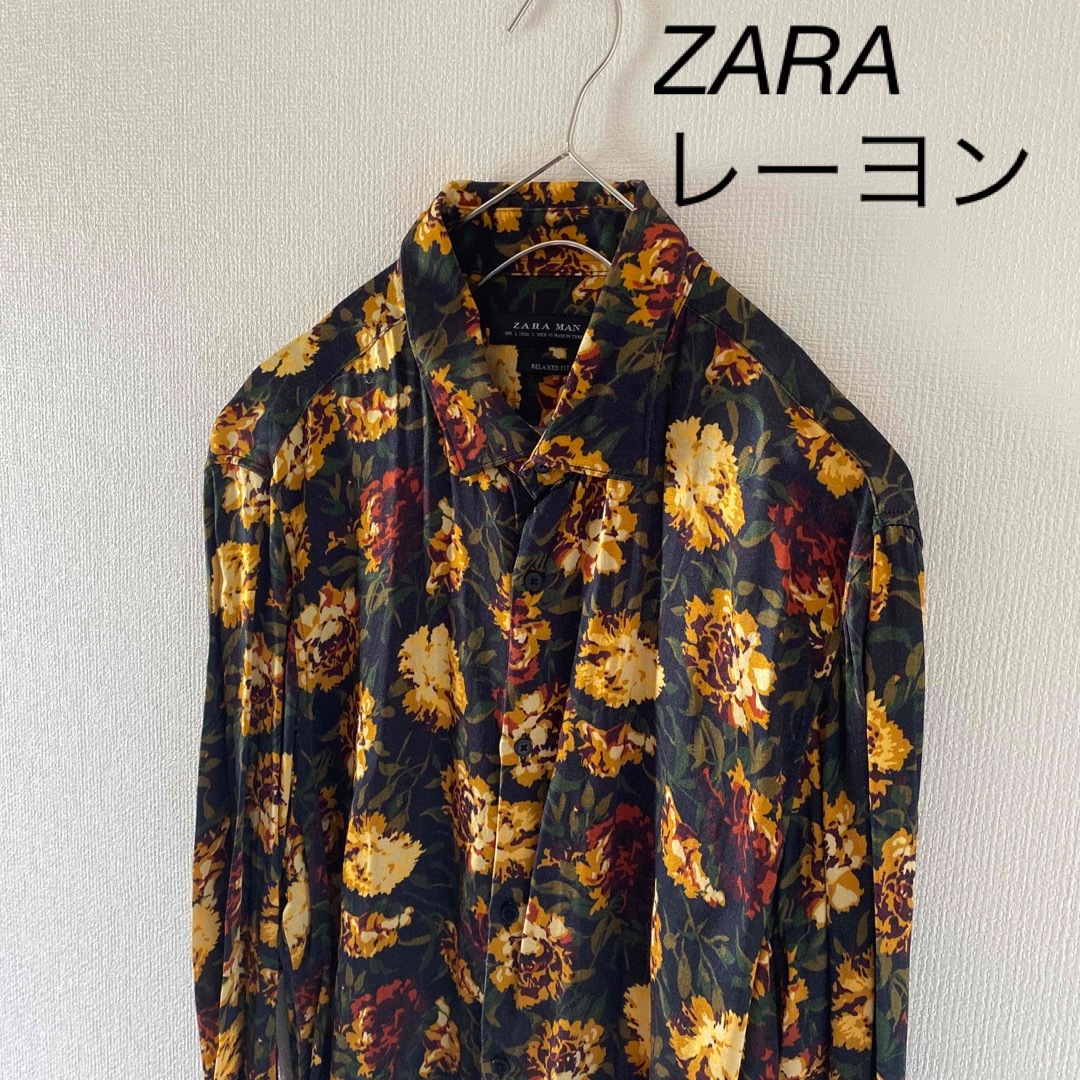 ZARAメンズ 花柄ブラック 長袖レーヨンシャツ