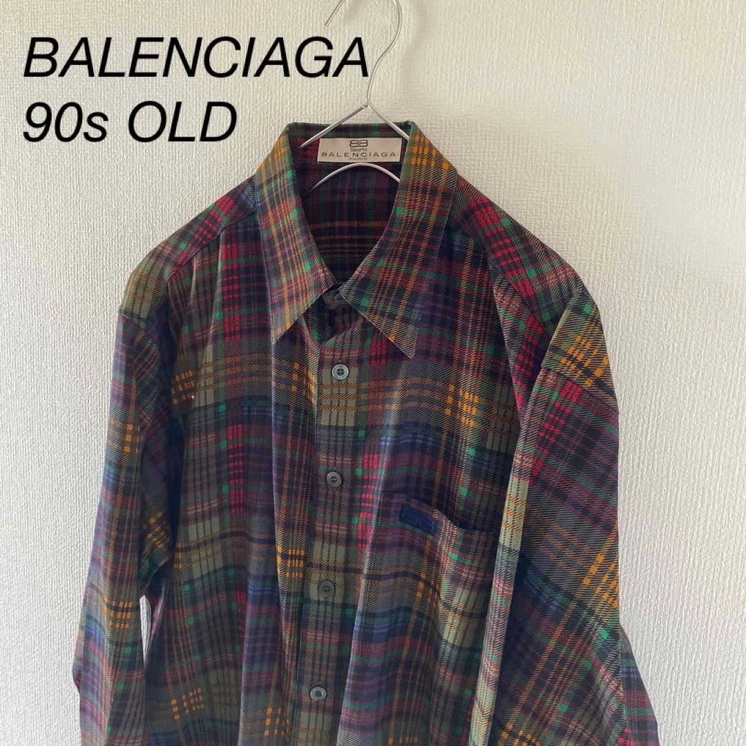 90sOLDBALENCIAGAバレンシアガチェックシャツグリーン長袖xlメンズ