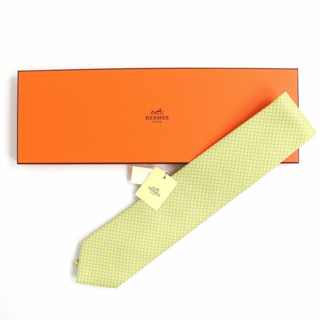 未使用品△HERMES エルメス 645958T 23 BREAKFAST AT HERMES 食パン シルク100％ ネクタイ JAUNE/GRIS/BLANC イエロー系 紳士小物 箱 仏製