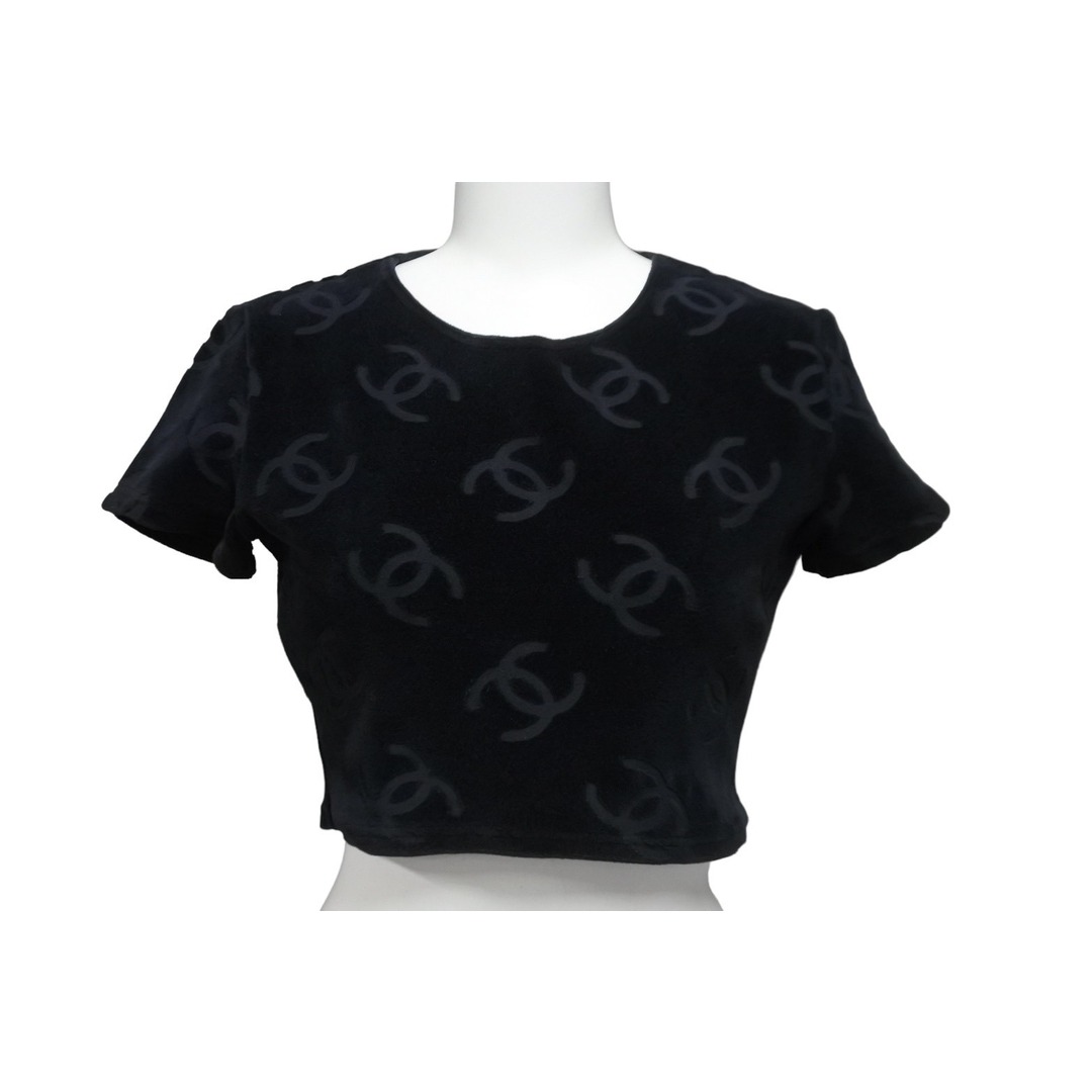 約355cm着丈CHANEL シャネル 半袖Ｔシャツ ココマーク ベロア チビT ブラック ショート丈 サイズ40 96P 美品  56763