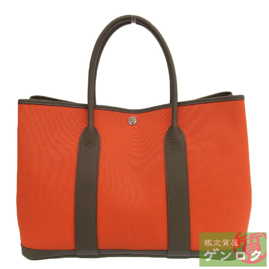 HERMES エルメス ガーデンパーティPM ハンドバッグ トートバッグ レッド ブラウン系 キャンバス レザー C刻印(2018年) レディース【質屋】約43cmハンドル高さ