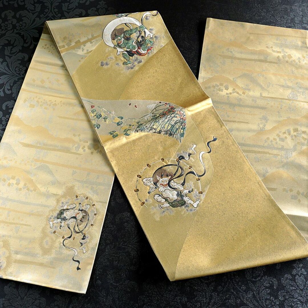 袋帯 風神雷神 風雨草花図 本金引箔袋 西陣 とみや織物 仕立付き 袋帯 風神雷神 風雨草花図 本金引箔袋 西陣 とみや織物 仕立付き