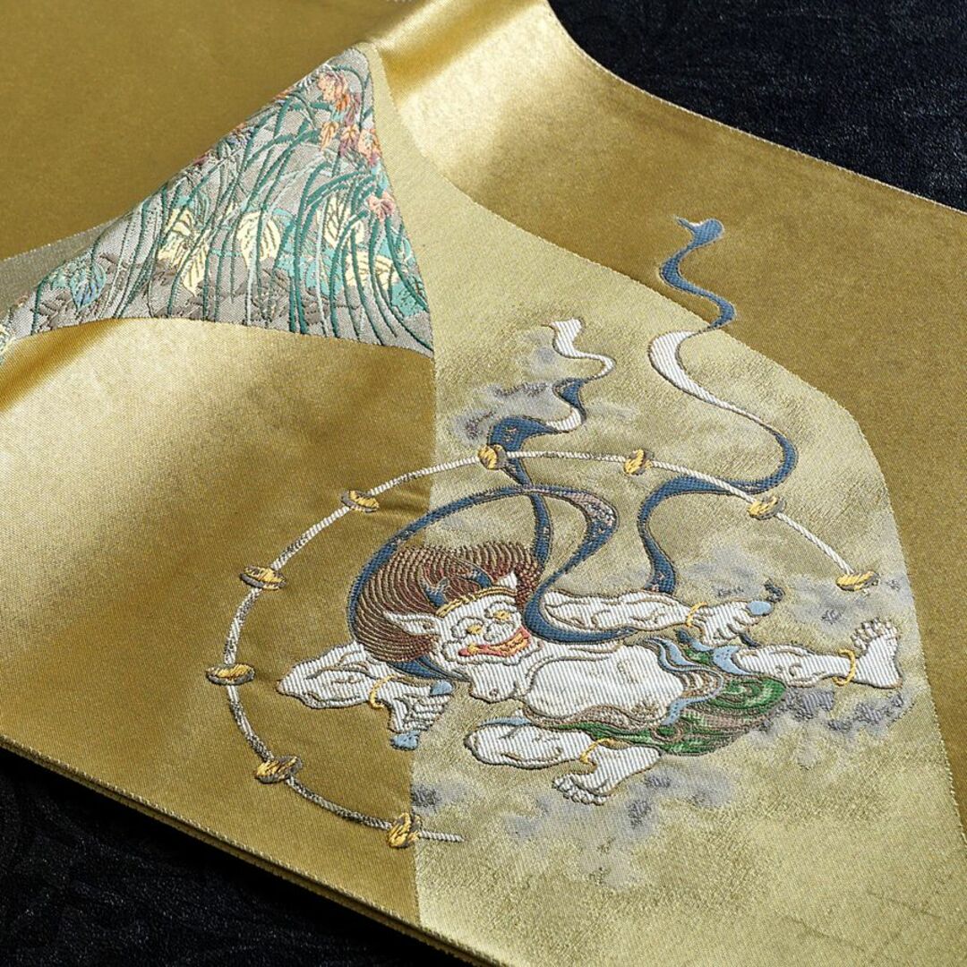 袋帯 風神雷神 風雨草花図 本金引箔袋 西陣 とみや織物 仕立付き 袋帯 風神雷神 風雨草花図 本金引箔袋 西陣 とみや織物 仕立付き