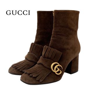 グッチ(Gucci)のグッチ GUCCI ダブルG ブーツ ショートブーツ 靴 シューズ スエード ブラウン ゴールド フリンジ GGマーモント(ブーツ)