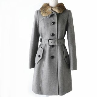 バーバリーブルーレーベル(BURBERRY BLUE LABEL)の美品☆正規品 BURBERRY BLUE LABEL バーバリー ブルーレーベル E1B28-899-07 襟元ラビットファー・ベルト付 ウールコート グレー 40(ロングコート)