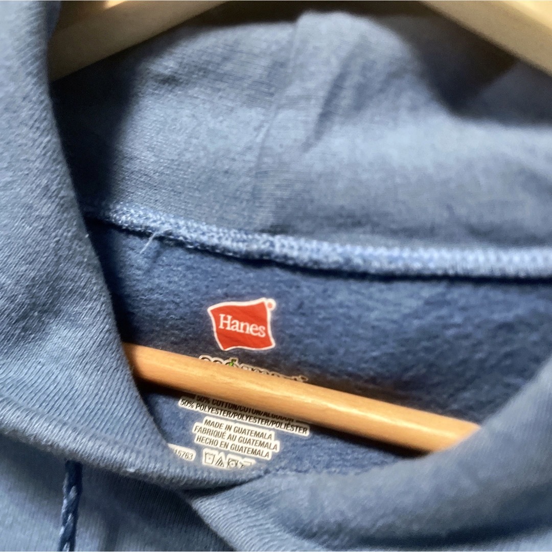 Hanes(ヘインズ)のHanes　スウェットパーカー　裏起毛　ダスティーブルー　プリント　USA古着 メンズのトップス(スウェット)の商品写真