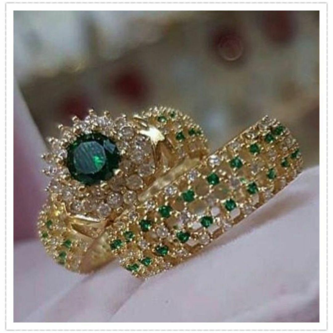 指輪　レディース　ゴールド　エメラルド　グリーン　ジルコン　パーティー　キラ レディースのアクセサリー(リング(指輪))の商品写真