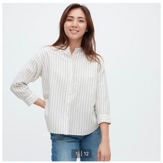 ユニクロ(UNIQLO)のUNIQLO リネンブレンドストライプバンドカラーシャツ（7分袖）(シャツ/ブラウス(長袖/七分))