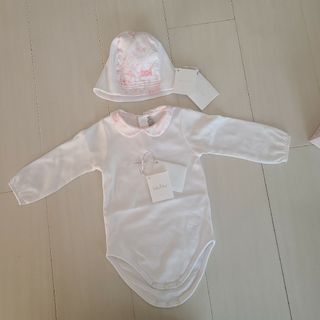 新品babyDiorシルク100%ストライプ柄リボン付きロンパース80cmグレー