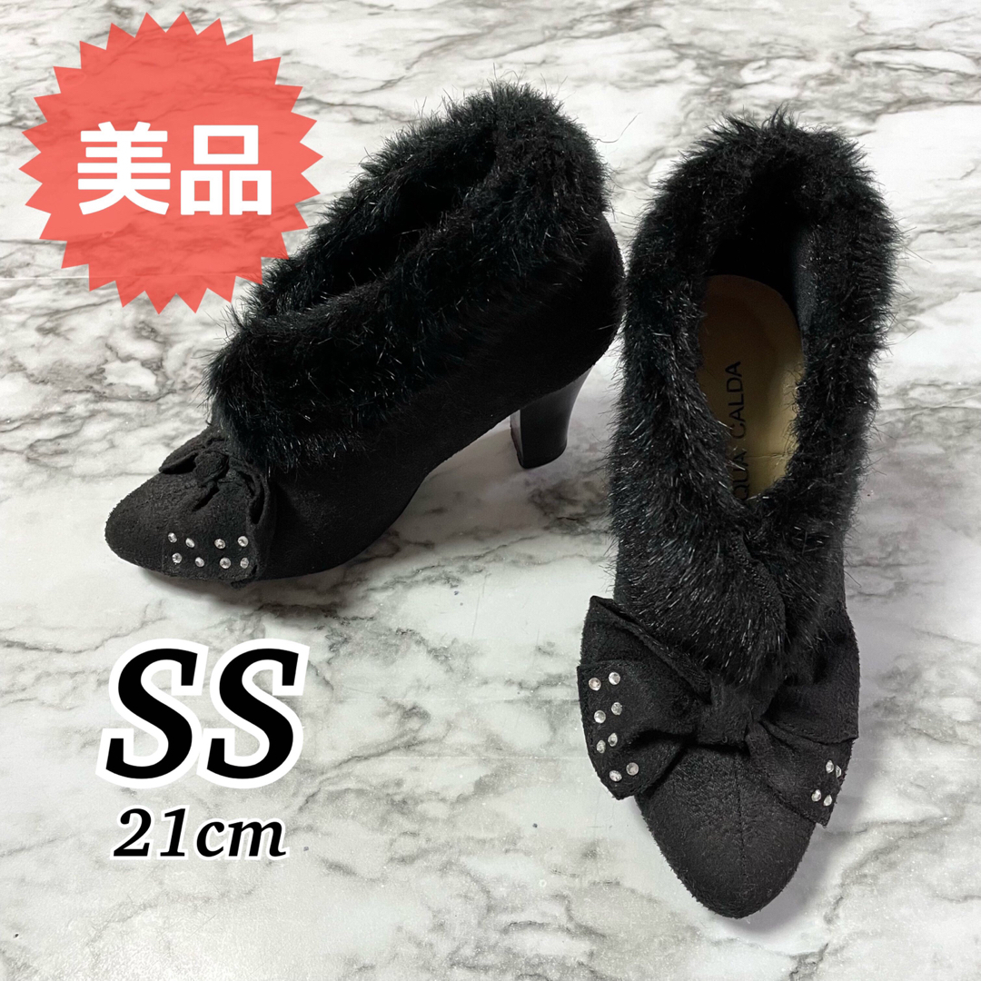 美品★リボン ハイヒール ファー パンプス SS シンデレラサイズ 21.5 黒 レディースの靴/シューズ(ハイヒール/パンプス)の商品写真