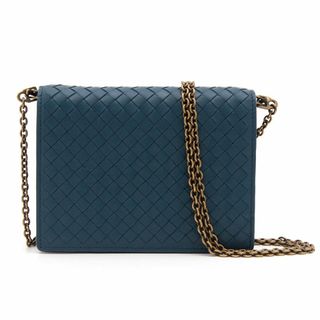 ボッテガヴェネタ(Bottega Veneta)の美品 ボッテガヴェネタ BOTTEGA VENETA 長財布 イントレチャート チェーンウォレット 508752 ブルー ショルダーバッグ レザー ブランドバッグ クラッチバッグ ミニバッグ(ショルダーバッグ)