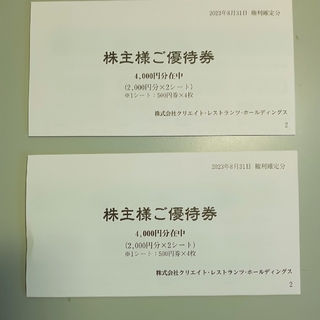 クリエイト·レストランツ優待券8000円分【最新】(レストラン/食事券)
