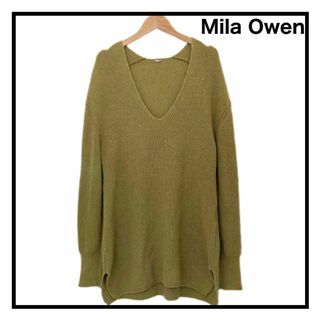 ミラオーウェン(Mila Owen)のミラオーウェン　カシミヤ混　深Vロングニットトップス　オリーブ　長袖　レディース(ニット/セーター)