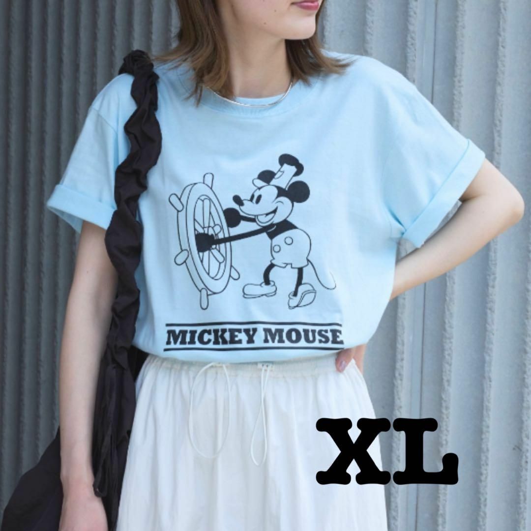 Disney(ディズニー)の新品　Disney ディズニー　蒸気船ウィリー　Tシャツ　ミッキー　ブルー　XL レディースのトップス(Tシャツ(半袖/袖なし))の商品写真