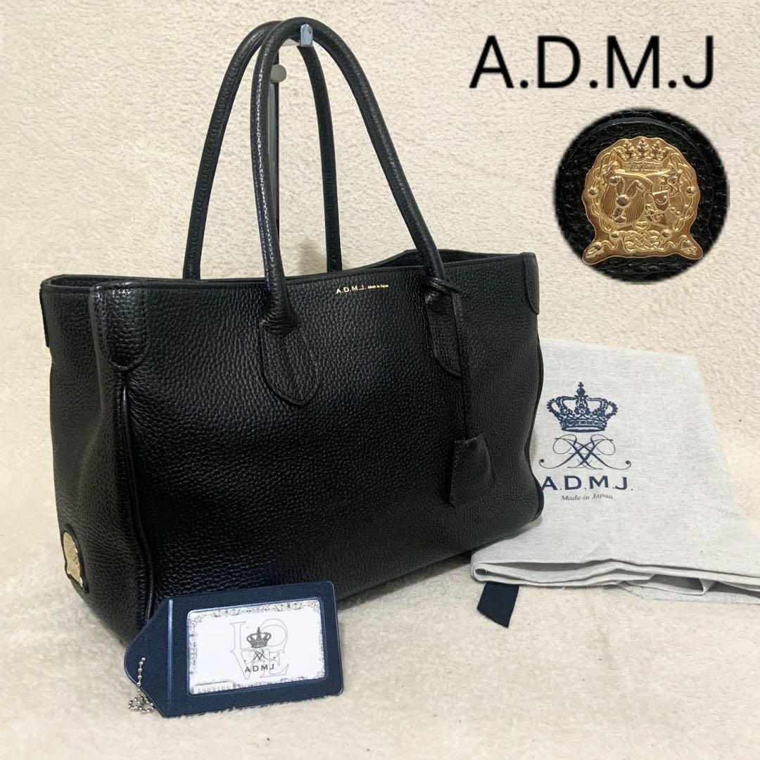 A.D.M.J.  トートバッグ ハンドバッグ レザー ブラック 黒 ロゴ金具