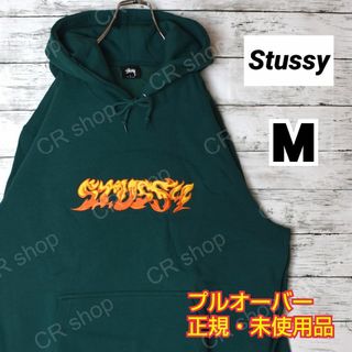 【ステューシー】正規・未使用品　ファイヤー刺繡ロゴ　グリーン　M　パーカー