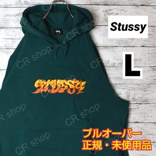 ステューシー(STUSSY)の【ステューシー】正規・未使用品　ファイヤー刺繡ロゴ　グリーン　L　パーカー(パーカー)