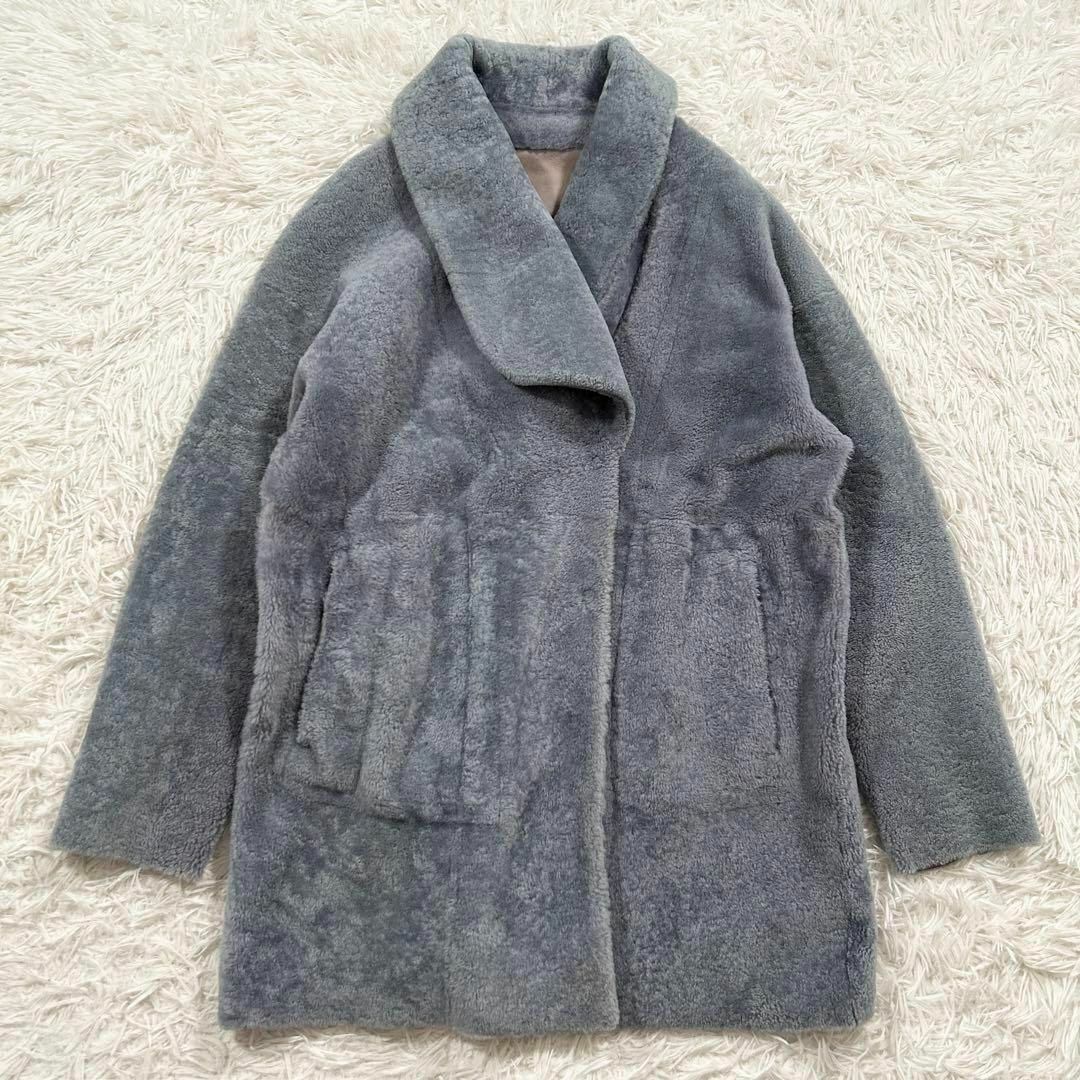 DROMe ムートン リバーシブル コート ドローム リアルレザー ブルーグレー約62cm袖丈