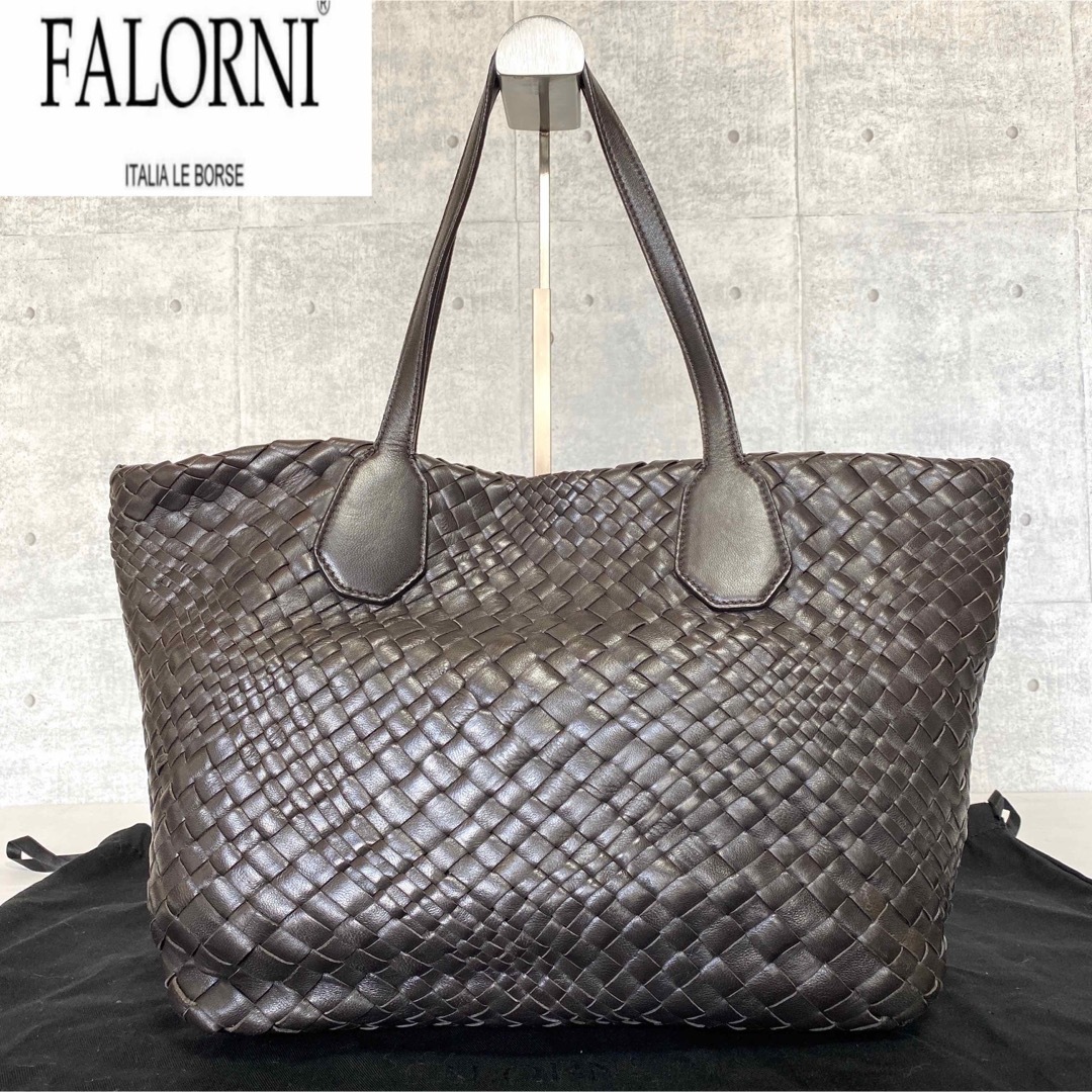 【美品】FALORNI イントレチャート ダークブラウン ラムレザートートバッグ