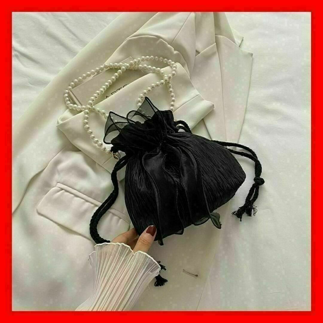 ブラック リボン パールベルト 巾着 ショルダーバッグ パーティーバッグ レディースのファッション小物(ポーチ)の商品写真