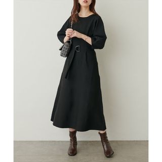 ナチュラルクチュール(natural couture)の【新品タグ付】ランタンスリーブポリニットワンピース（黒）ナイスクラップ(ロングワンピース/マキシワンピース)