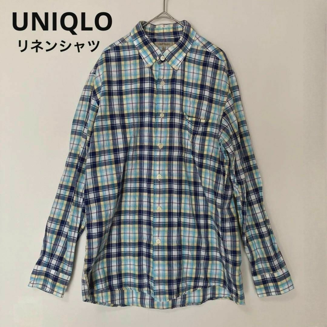 UNIQLO(ユニクロ)のks126 ユニクロ UNIQLO メンズL チェックシャツ リネン麻混 長袖 メンズのトップス(シャツ)の商品写真