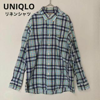 ユニクロ(UNIQLO)のks126 ユニクロ UNIQLO メンズL チェックシャツ リネン麻混 長袖(シャツ)