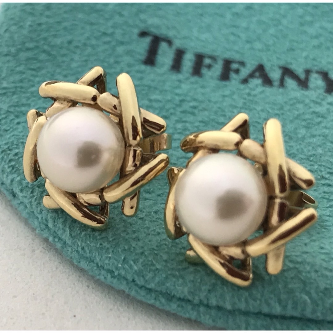 Tiffany K18YGクロス パール ピアス希少アクセサリー