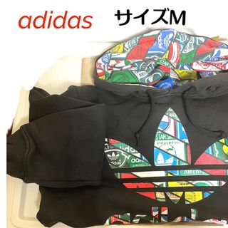 アディダス(adidas)のadidas パーカー 黒 総柄 スポーティ オーバーサイズ 男女兼用 古着(パーカー)